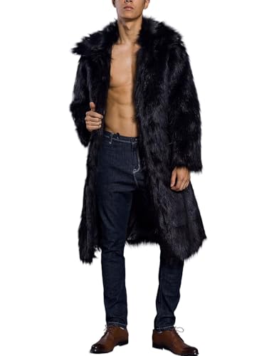 ZLSLZ Mens Winter Warm Furry Faux Fur Long Length Outerwear Coat