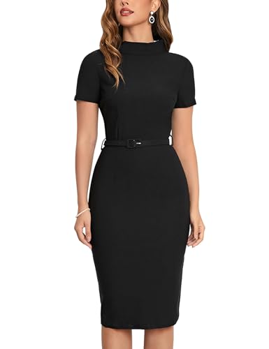 MUXXN Women's Vintage Midi Short Sleeve Pencil Mock Neck Bodycon