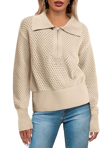 Doshoop Women's Half Zip Pullover Sweaters Crochet Lapel Collar