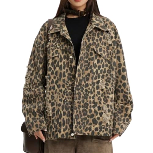 Hesaco Y2k Aesthetic Leopard Print Denim Jacket for Women, Vintage