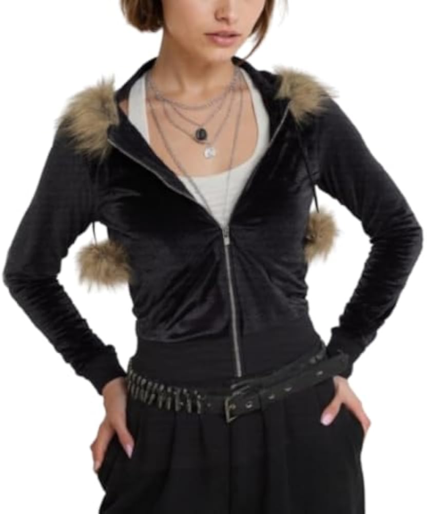 VCM Fur Hoodie Y2K Womens Zip Up Hoodies Camo Lightweight Cropped