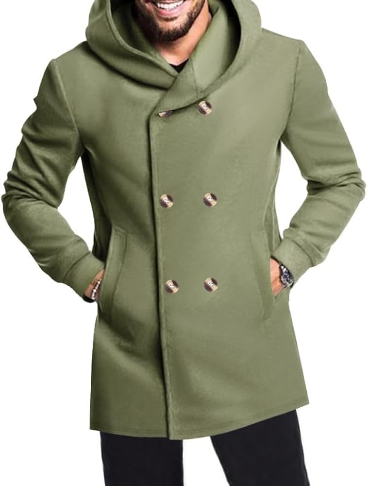 YSERB Men's Double Breasted Pea Coat Windproof Hooded Jackets Mid