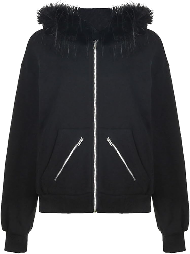 Amazon.com: CORIRESHA Women Faux Fur Hood Sweatshirt Zip-Up Casual