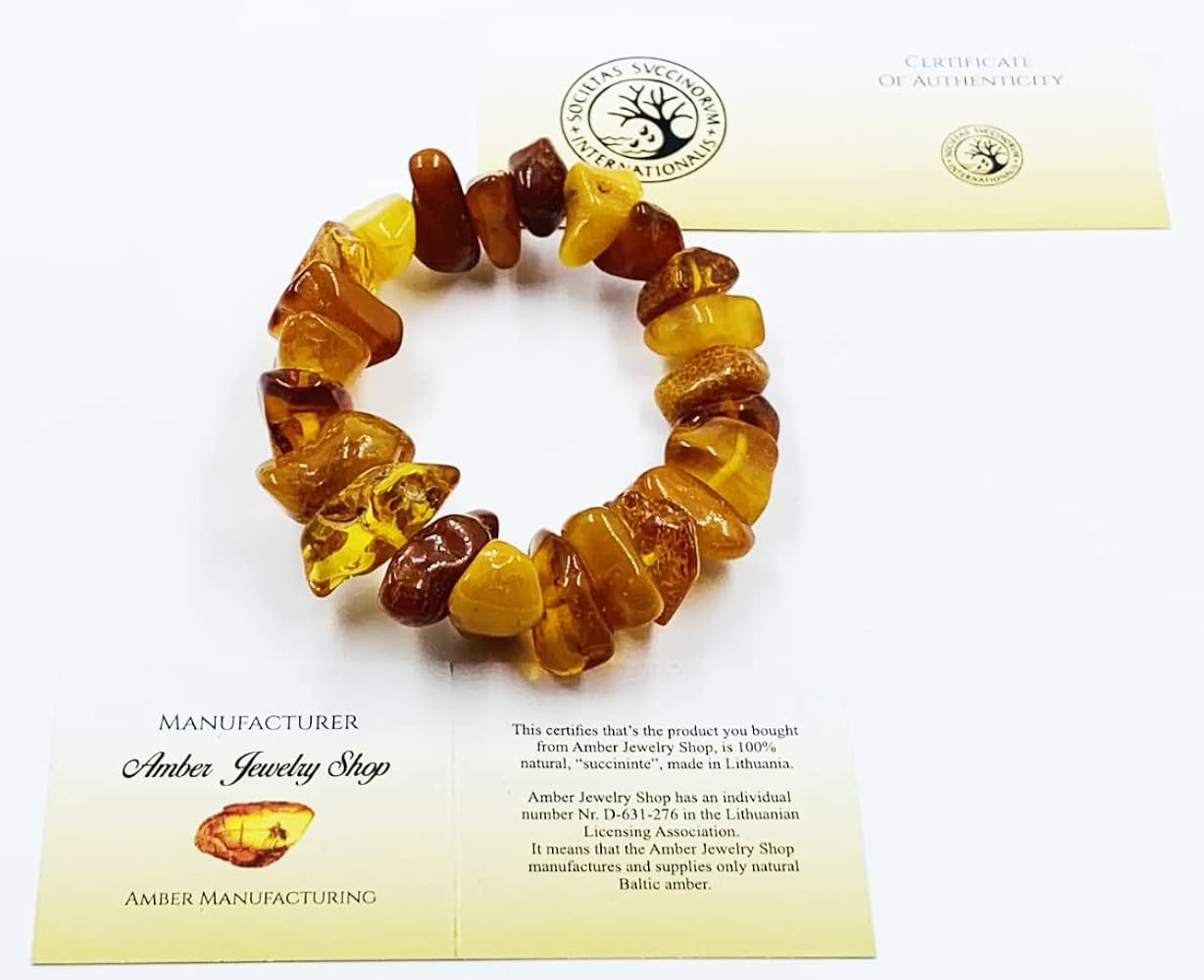 Amazon | 天然琥珀ブレスレット ゴムバンド付き 19 cm – 100% バルト海