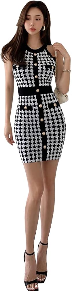 Amazon | g91レディース ワンピース ノースリーブ チェック柄 千鳥格子