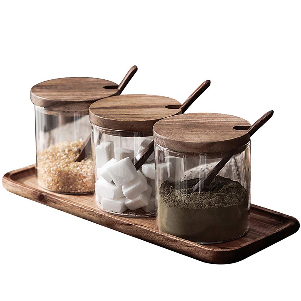 Amazon | RONGER 調味料入れ 3個組 塩・コショウ・砂糖入れ 木蓋・木台