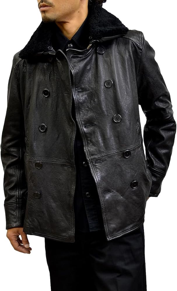 Amazon | レザーピーコート レザーコート メンズ 本革 ショート