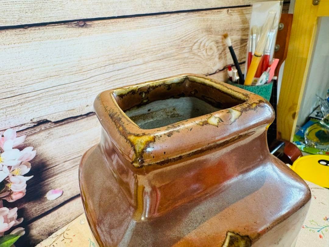 益子焼 名工 木村一郎 作 柿釉草花文様 壺 （角） 益子焼 名工 木村