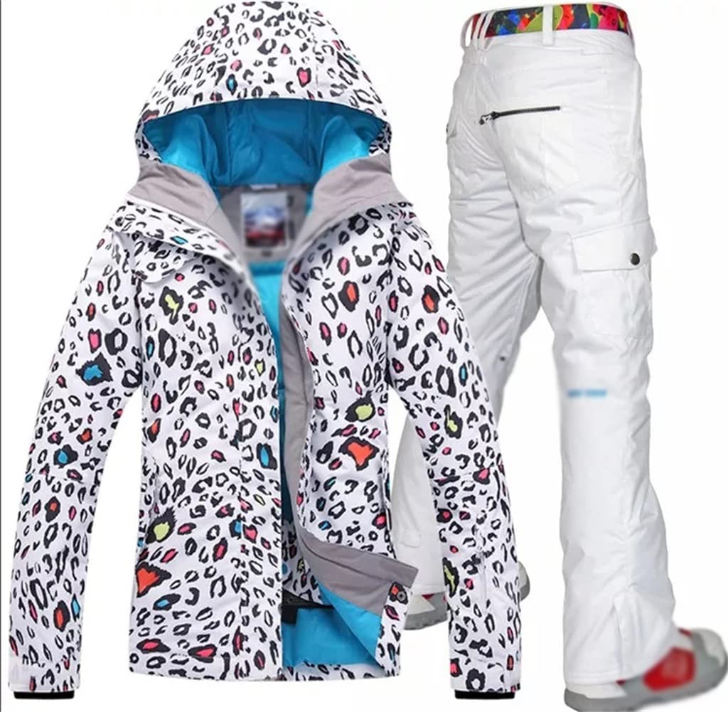 レディース L スキー スノーボードウェア 上下 ヒョウ柄 ピンク 水色 白