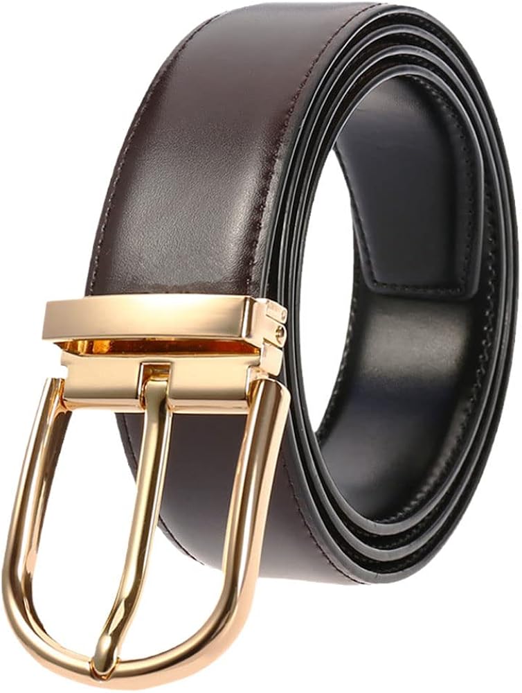 Amazon | レザーベルト メンズ シンプル ゴールドバックル 牛革ベルト
