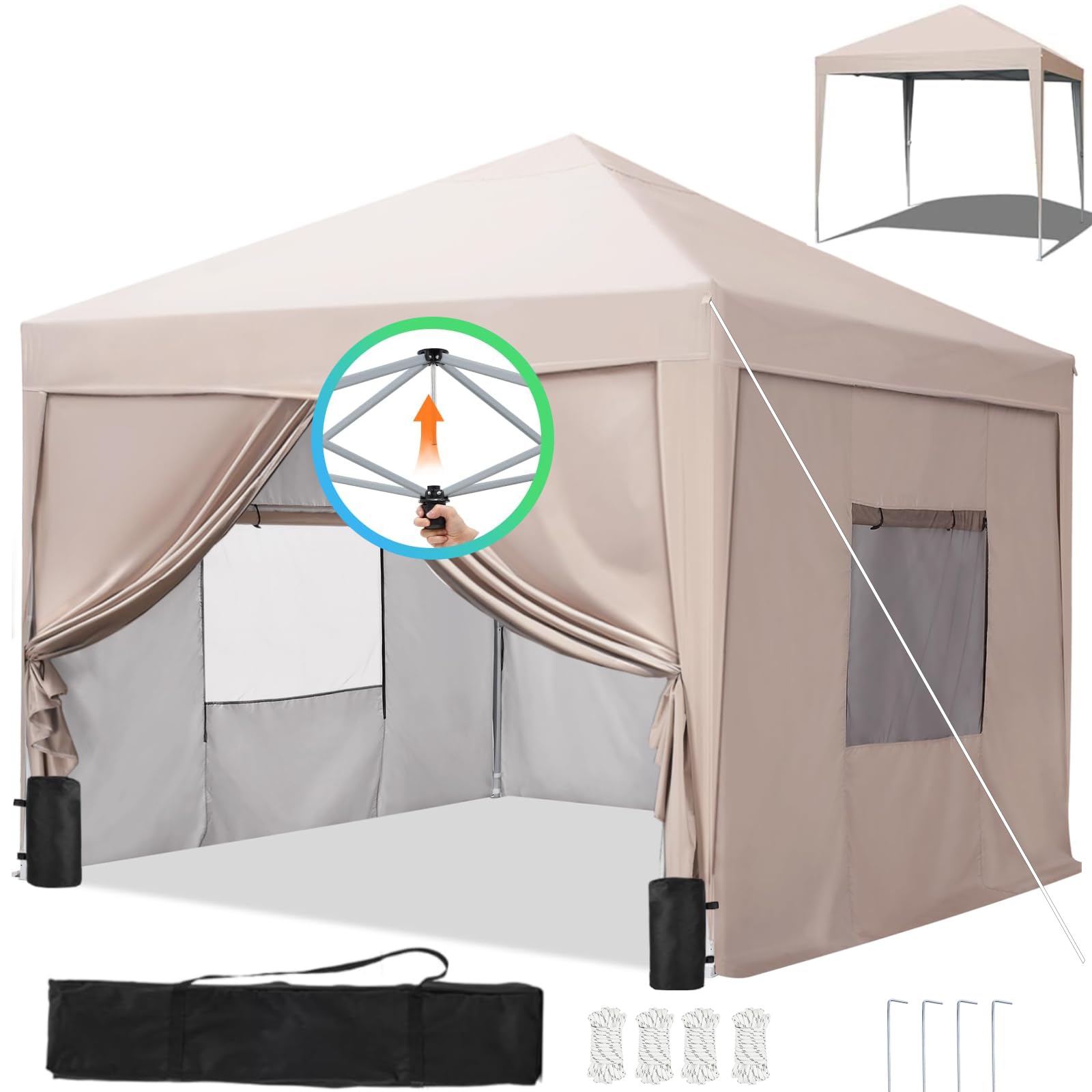 ワンタッチ タープテント 3m カーキ UVカット 4枚耐水専用横幕 3段階