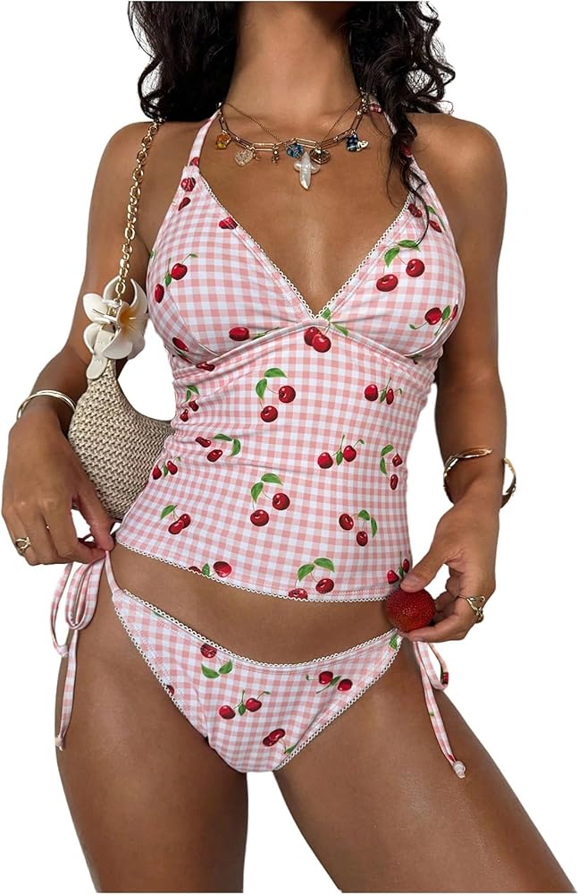 Amazon.com: WDIRARA Women's Cherry Print Gingham Tankini Swimsuit
