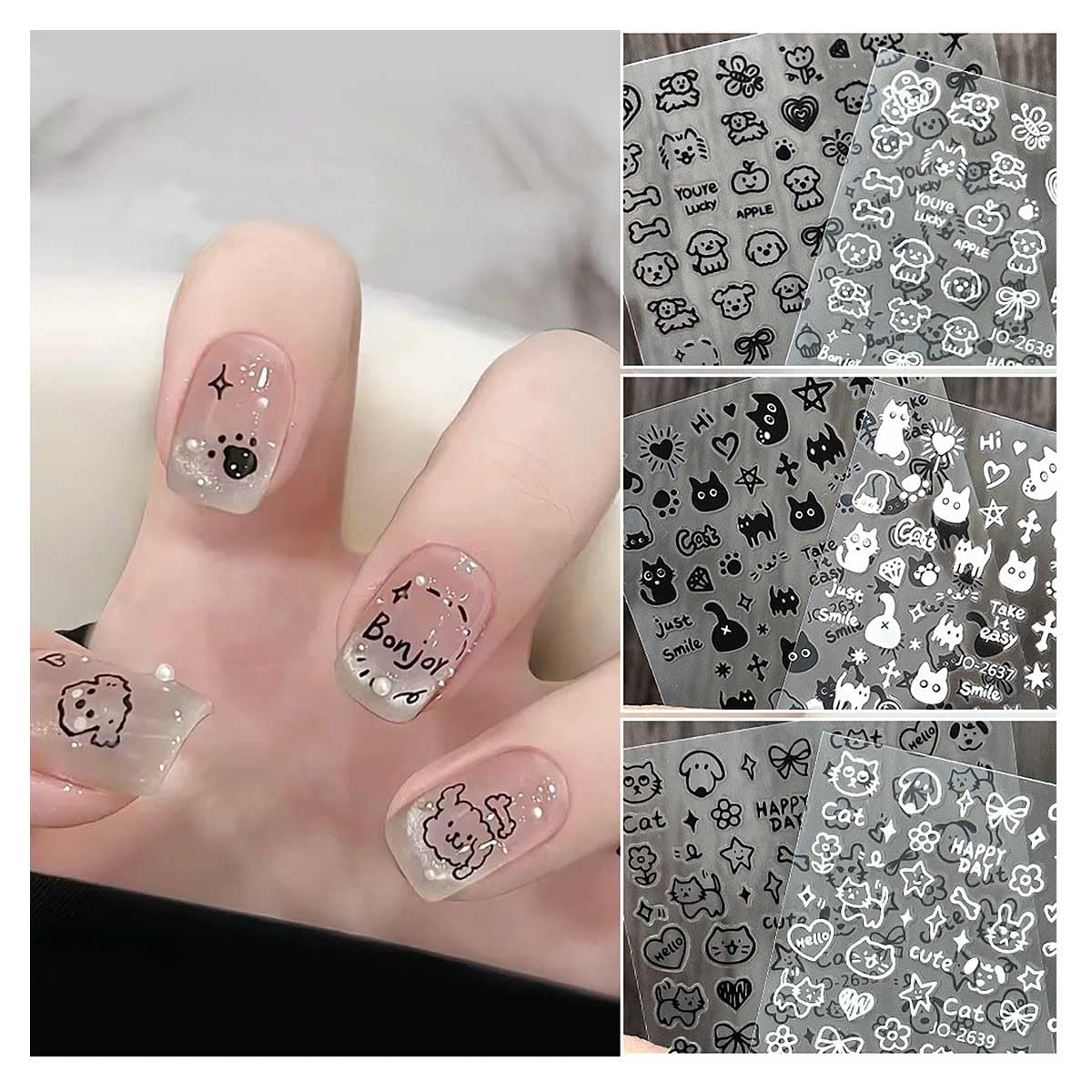 Amazon.co.jp: ネイルシール 6個セット 猫 犬 白 黒 透け ネイル用