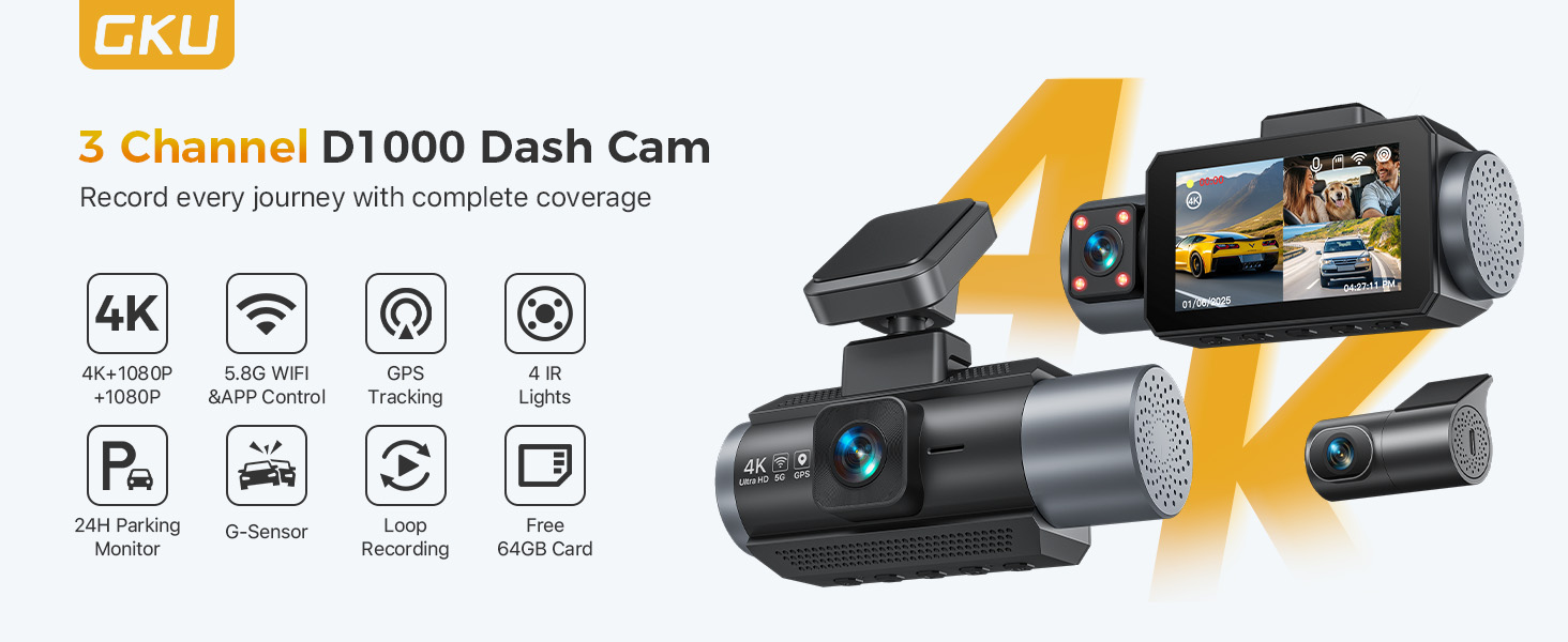 Amazon.com: GKU 4K 3 Channel Dash Cam, 5.8GHz WiFi Built-in GPS