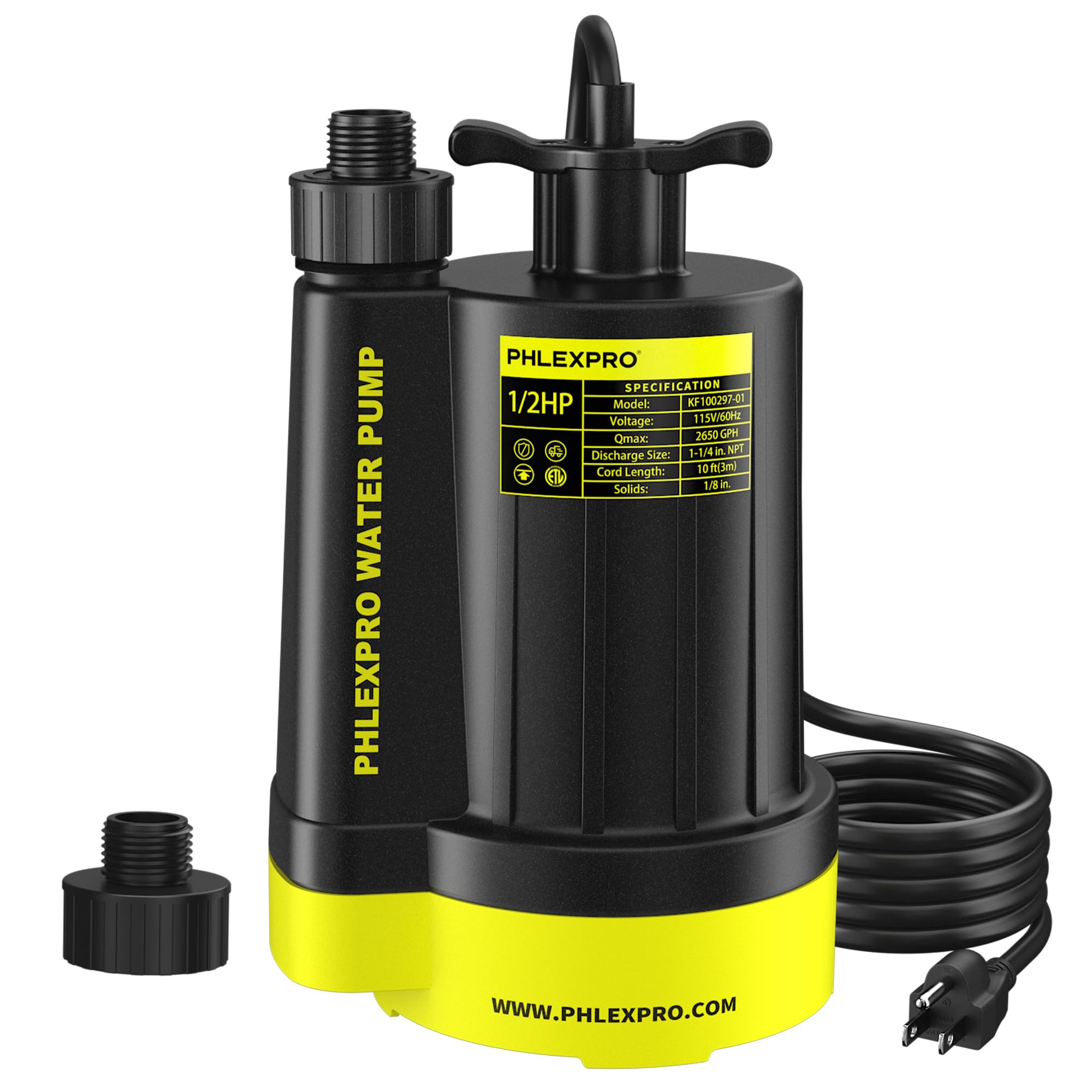 PHLEX PRO Sump Pump 1/2HP Submersible Water Pump, 2650GPH Utility