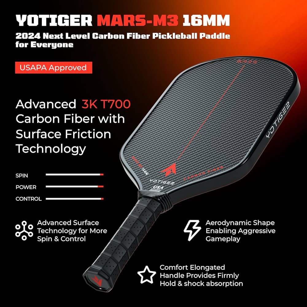 Amazon | Yotiger 16mm 3K カーボンファイバーピックルボールパドル