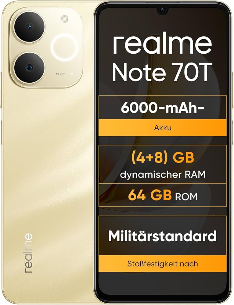 realme Note 70T 4 + 64 GB Smartphone, Display Eye Comfort von 6,75