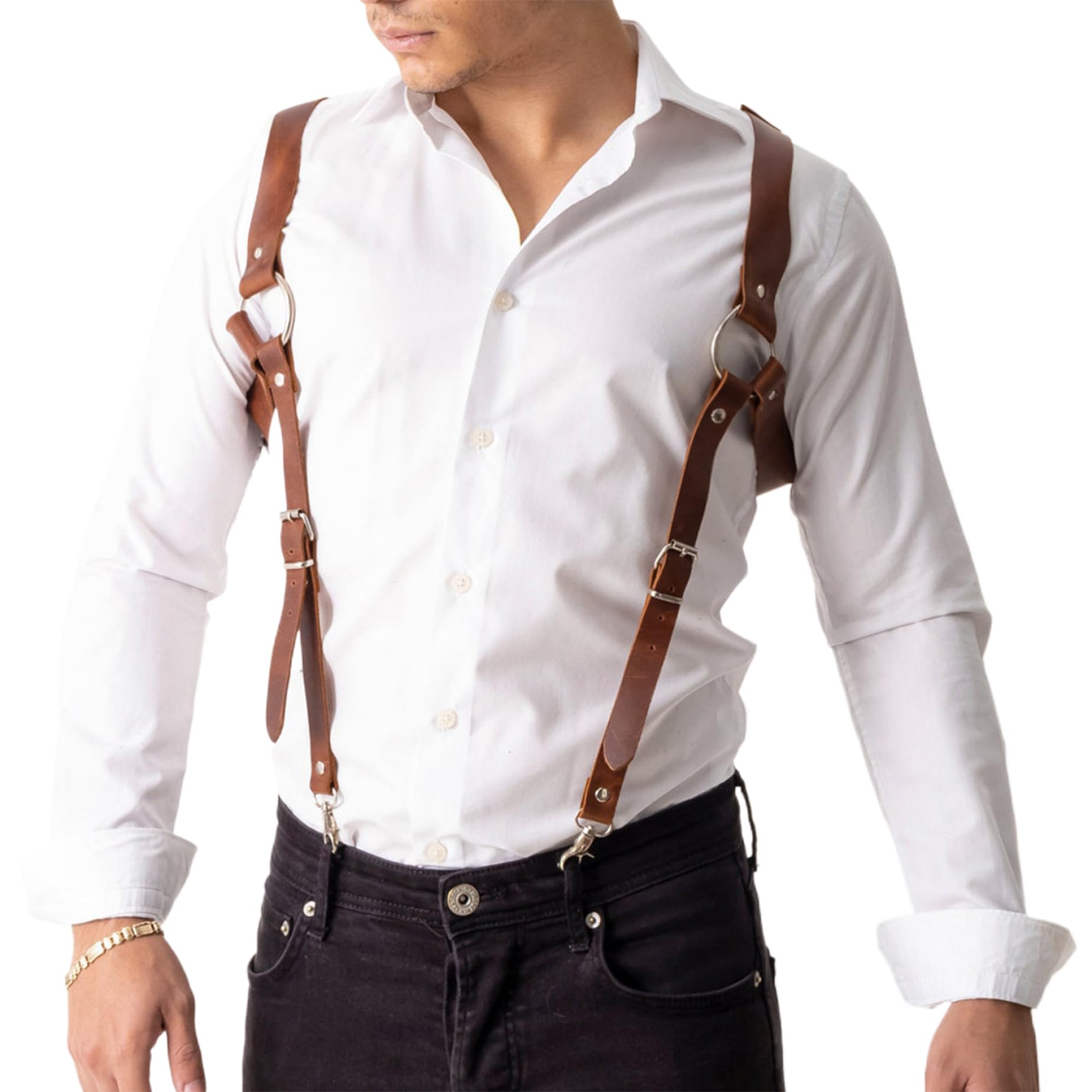 Amazon.co.jp: パストラリストレザーサスペンダー、編み込みレザーH