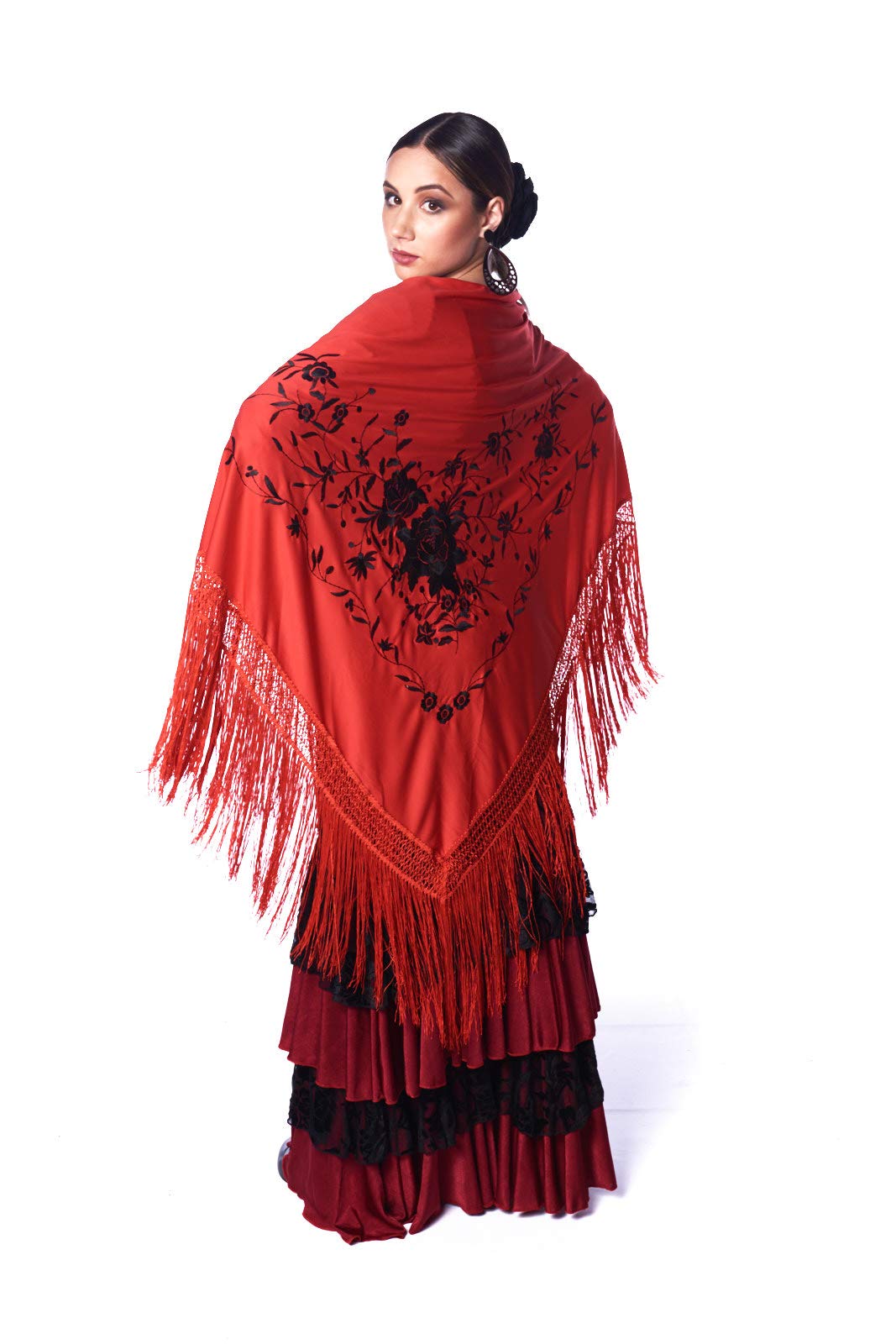 Amazon.co.jp: フラメンコ三角形の赤いショール、フリンジ付き。片側に