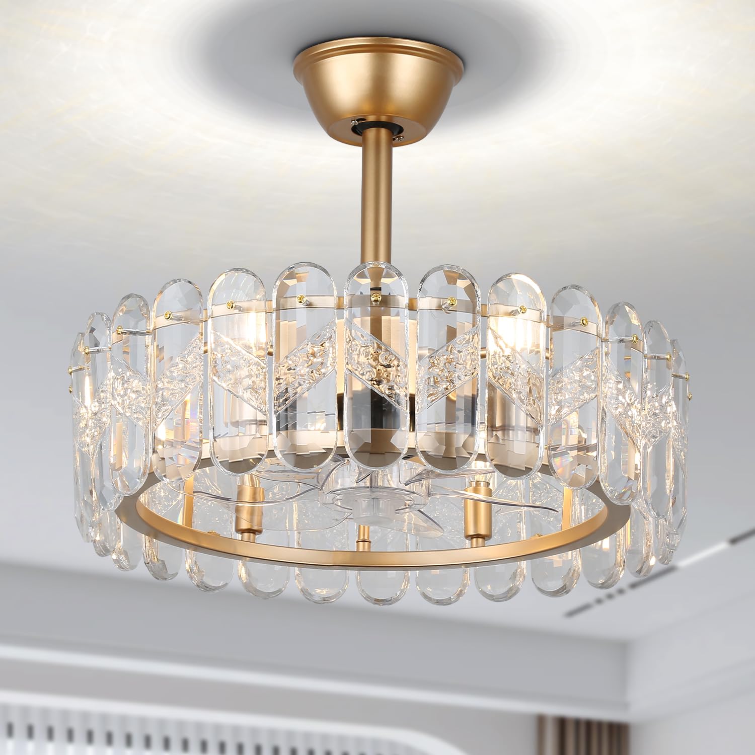 Finktonglan 20 Inch Gold Caged Ceiling Fan with Light, Crystal