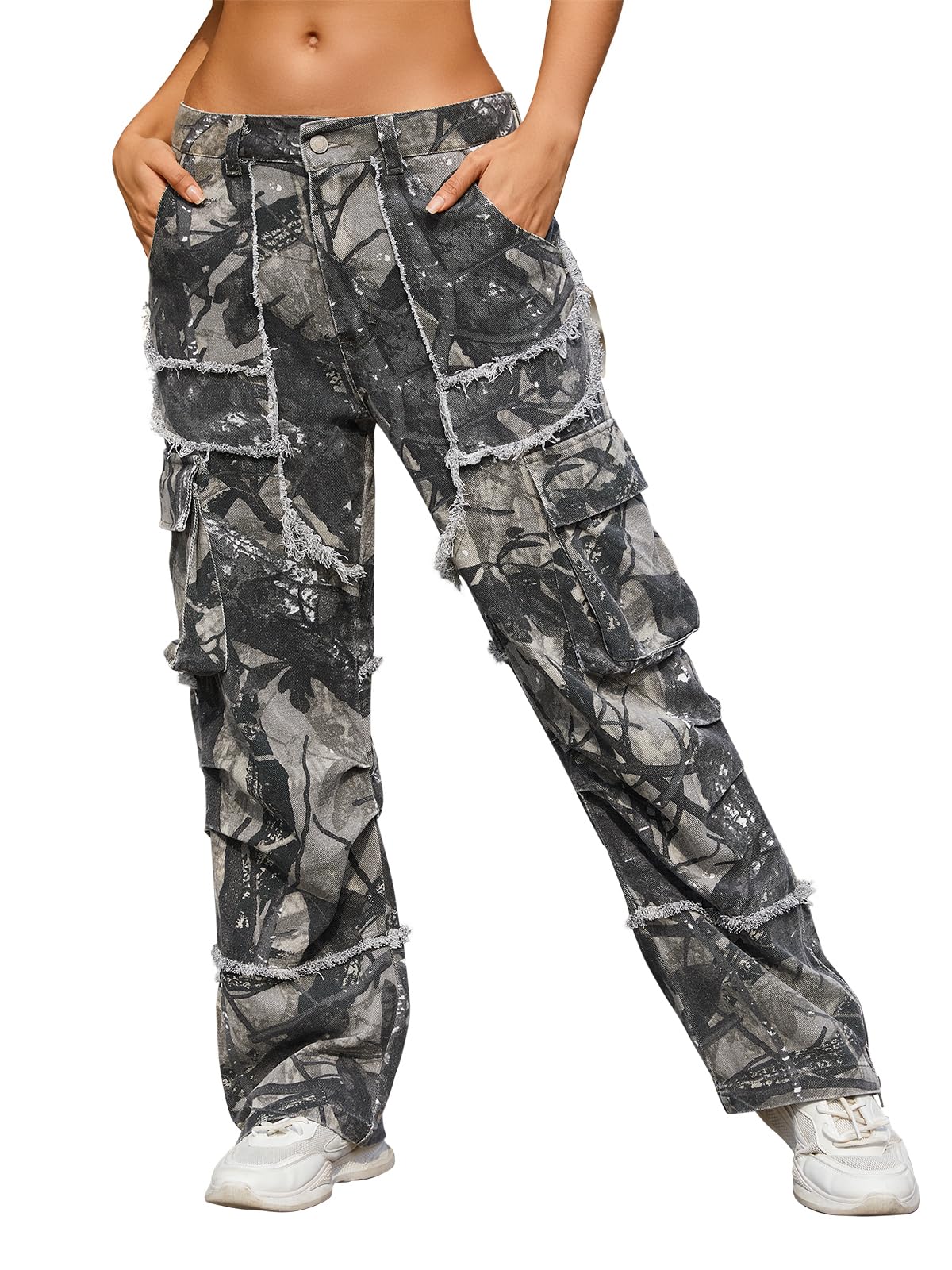 KGYA Unisex Camo Cargo Pants, Multi Pockets Raw Edge Oversized