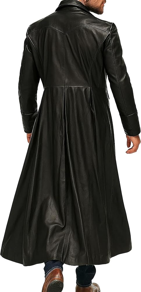 LP-FACON Mens Double Breasted Winter Black Leather Outerwear