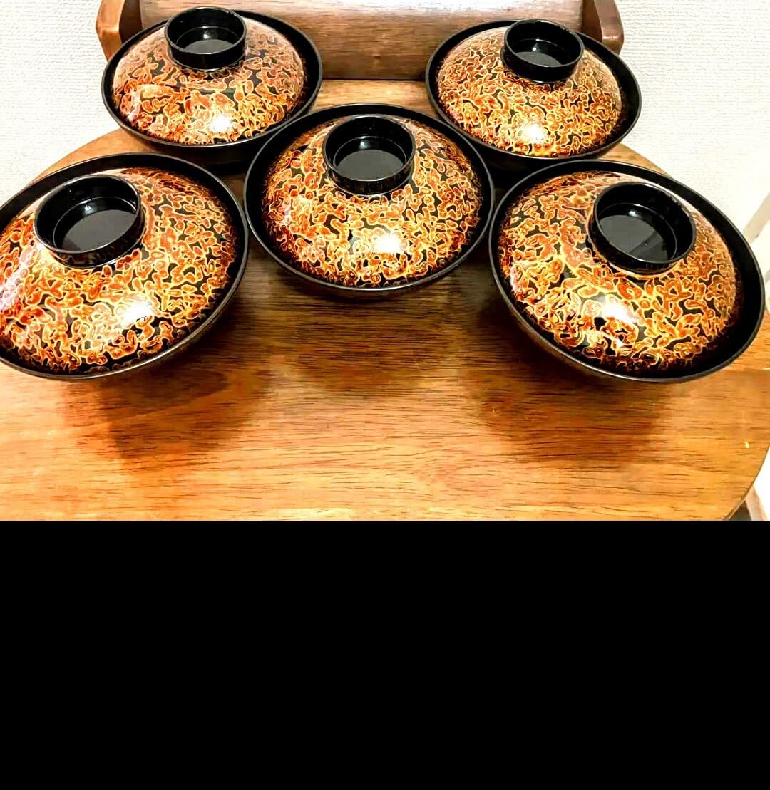 Amazon.co.jp: 会津塗金虫食塗吸物椀揃5客セット職人の丁寧な技が光り