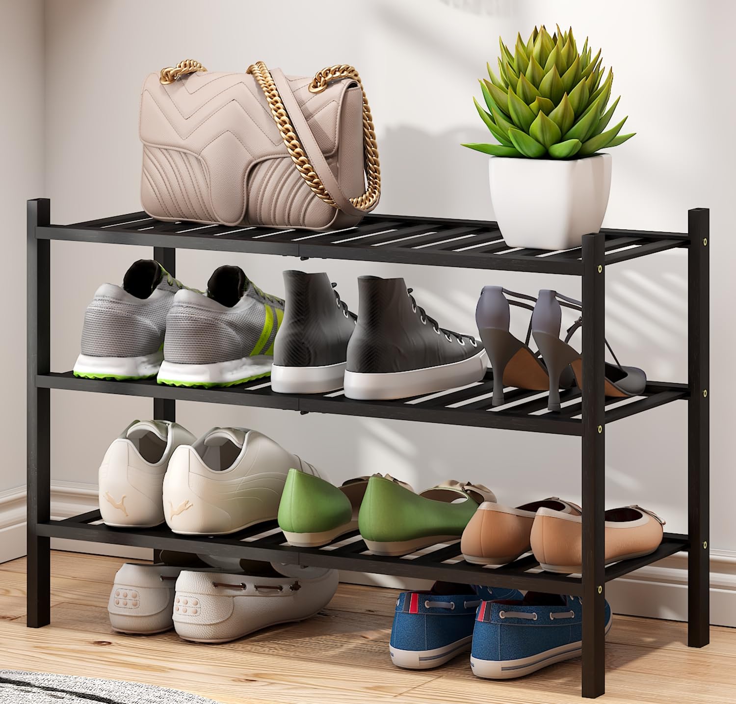 Amazon.com: viewcare 3-Tier Black Bamboo Shoe Rack for Entryway