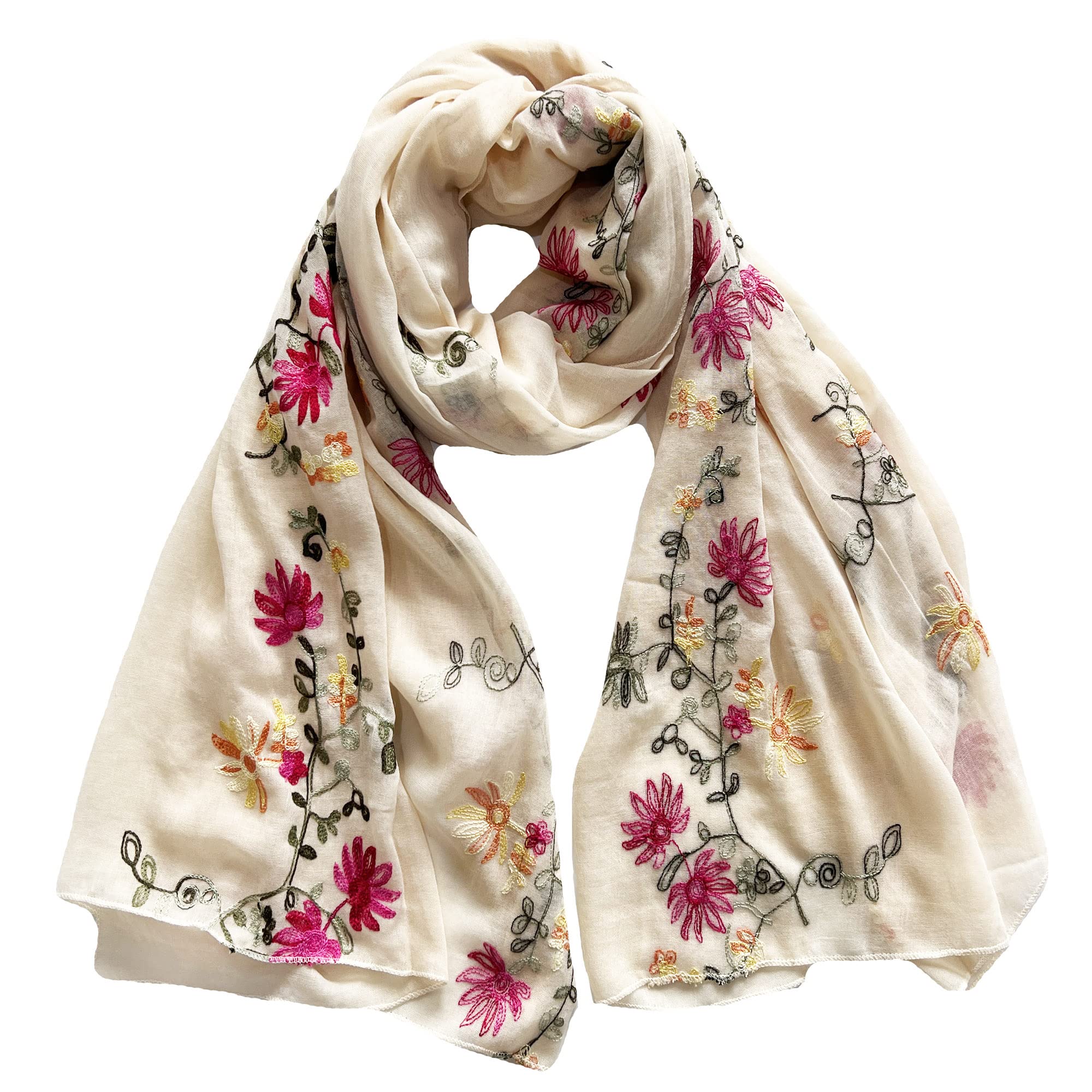 Floral Embroidered Women's Scarf Shawl Lightweight (Beige
