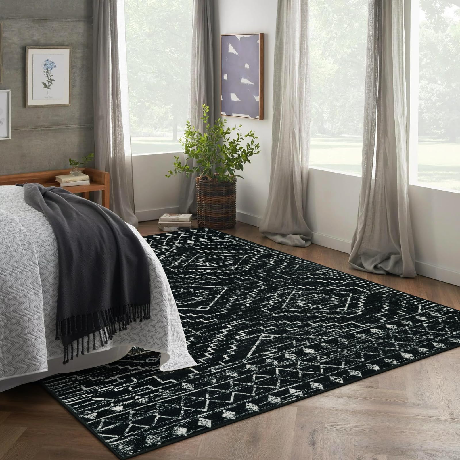Amazon.com: Wonnitar Moroccan 6x9 Area Rugs, Washable Black Rugs