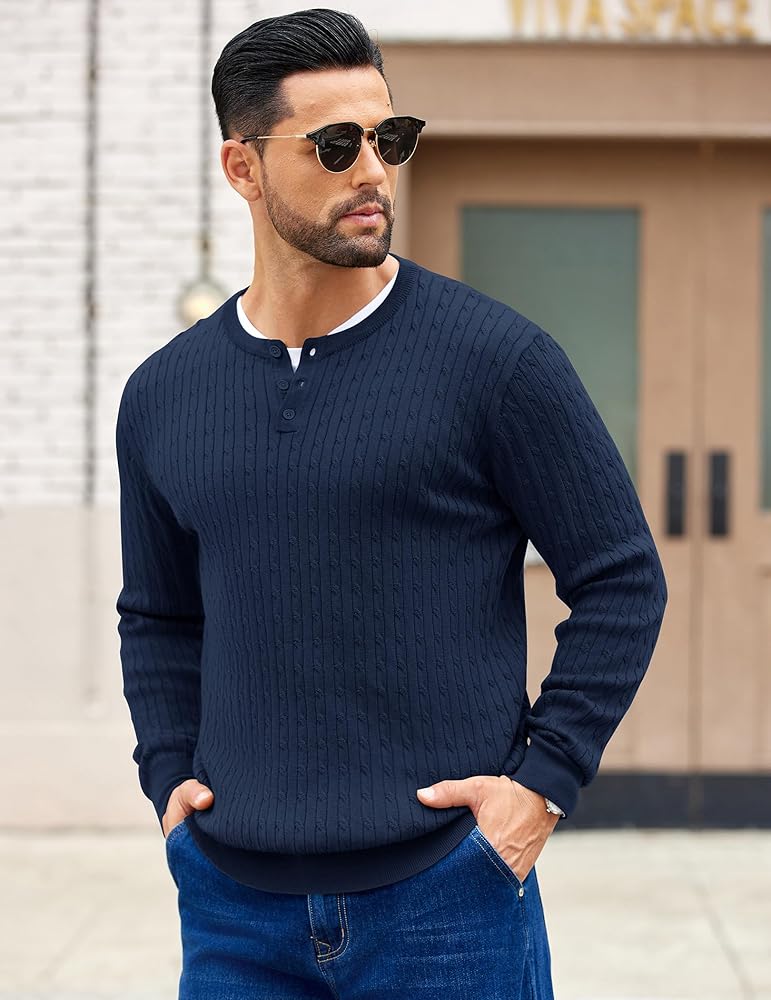 COOFANDY Men's Henley Sweater Crewneck Pullover Sweater Textured