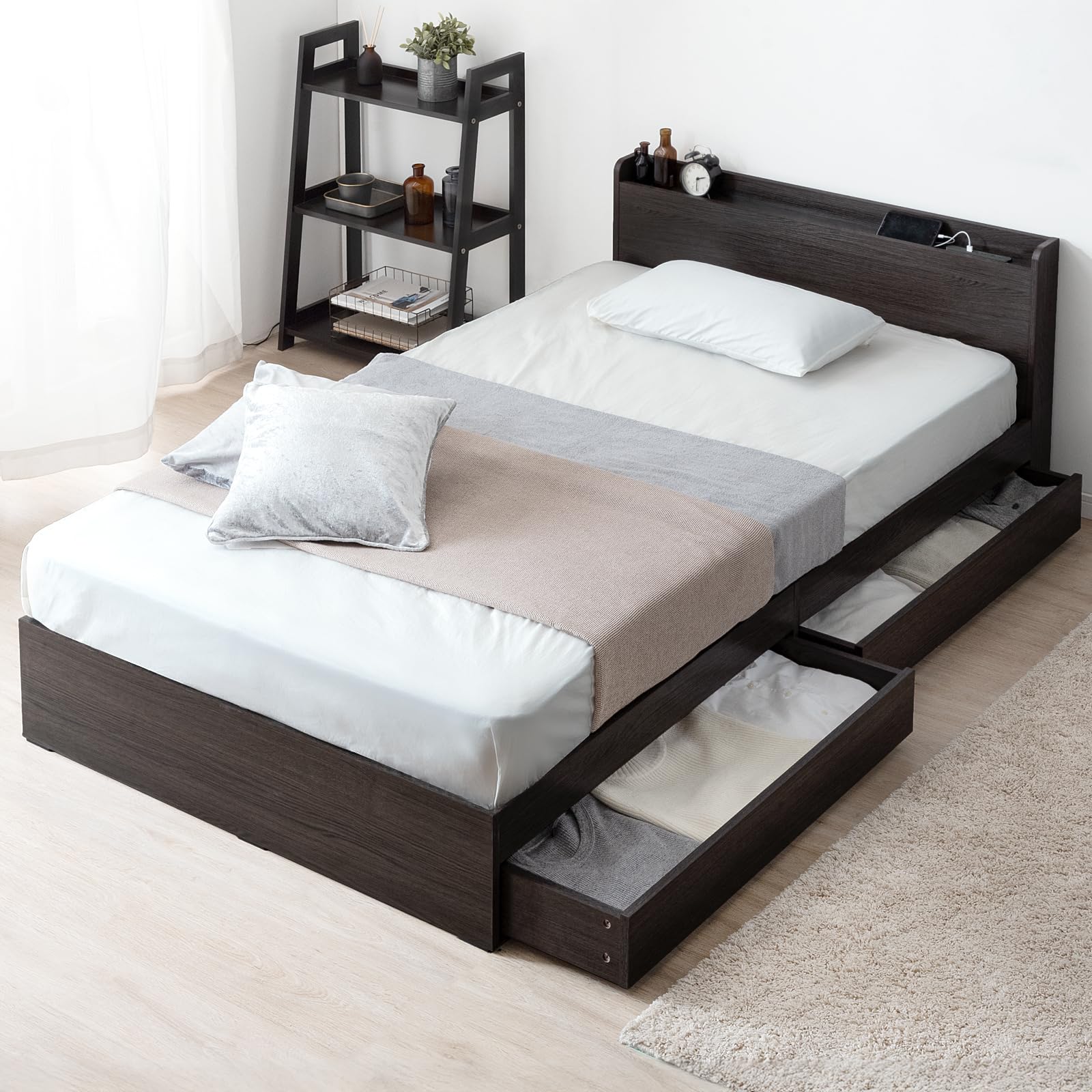 Amazon｜タンスのゲン ベッド シングル 収納 宮棚 スマホスタンド 2口