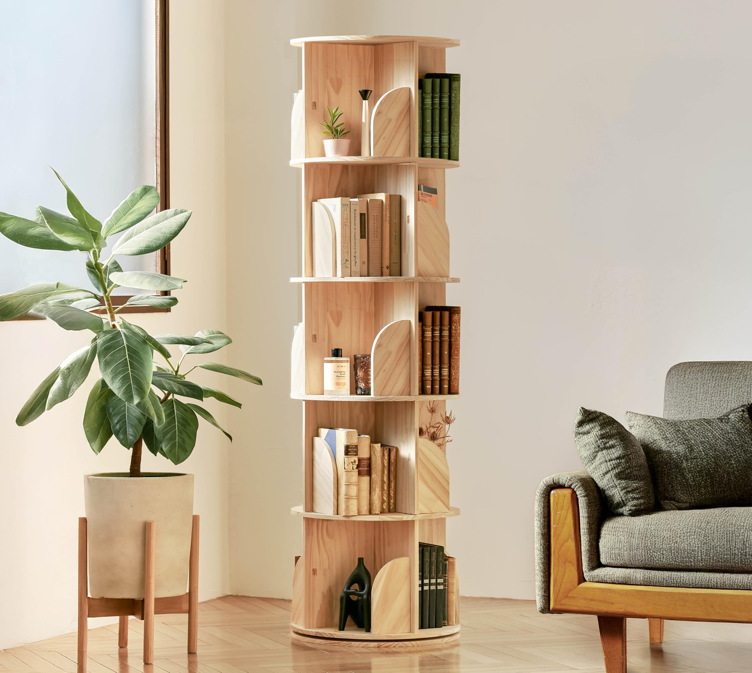 Amazon｜solevia 回転式本棚 5段 A4が収まる直径46cm 天然木 図鑑対応