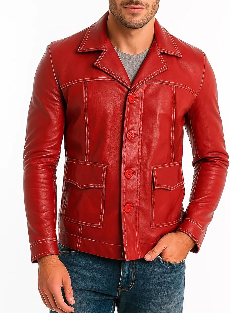 Men's Vintage Biker Leather Coat - Red Biker Motorcycle Jacket for