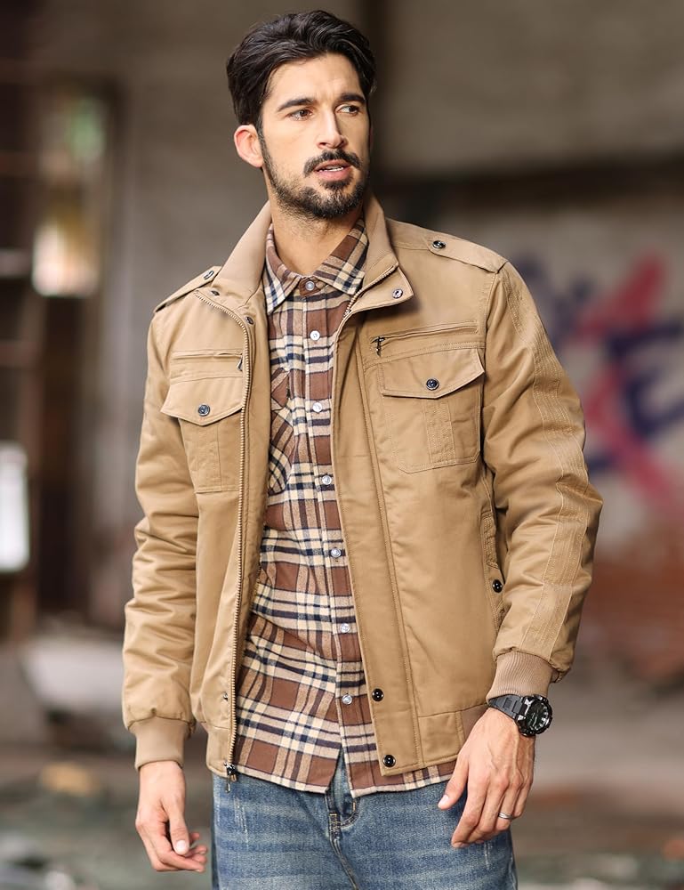 MAGCOMSEN Work Jackets For Men Cargo Winter Field Stand Collar