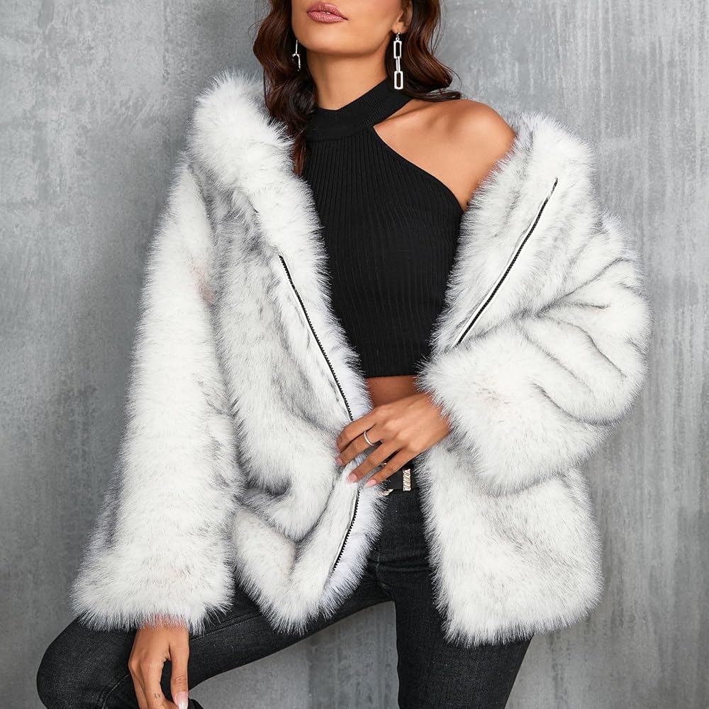 Jielayou Women Faux Fur Coat Fluffy Zip Up Jackets Trendy Hooded