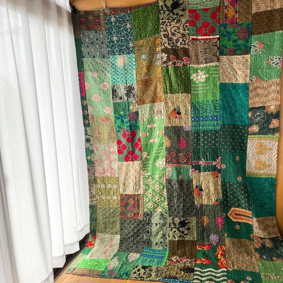 未使用❁大判 エンブロイダリー ネイビー パッチワークカンタキルト