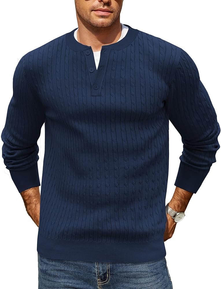 COOFANDY Men's Henley Sweater Crewneck Pullover Sweater Textured