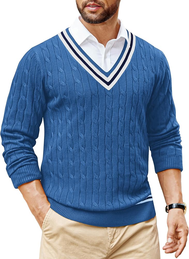 COOFANDY Mens V-Neck Sweaters Irish Knit Sweater Pullover Thick