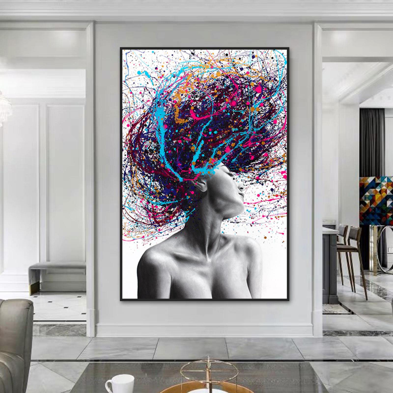 Amazon.co.jp: カラフルな髪の女性キャンバス絵画抽象女性アート