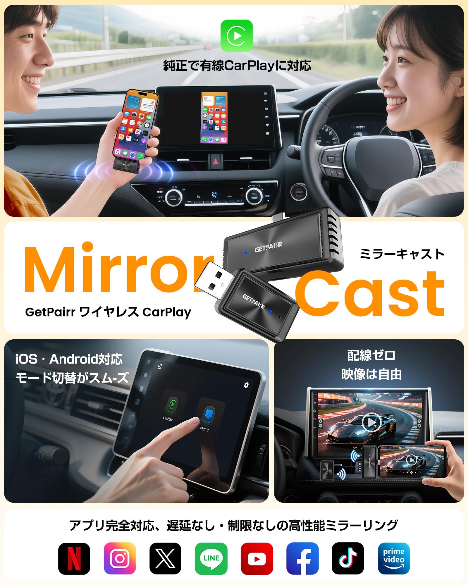Amazon.co.jp: GETPAIRR Mirror Cast CarPlayワイヤレスアダプター