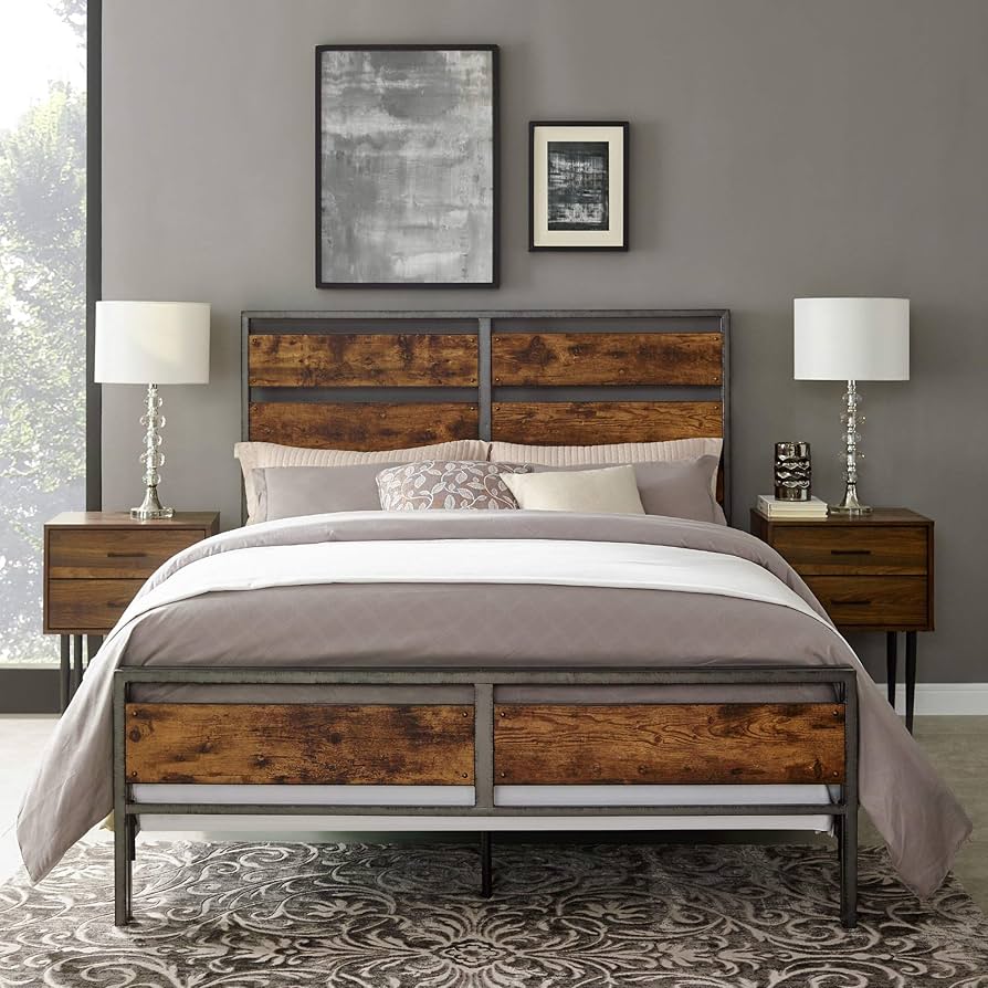 Amazon｜Walker エジソンウッドプランク メタル クイーンサイズ ベッド