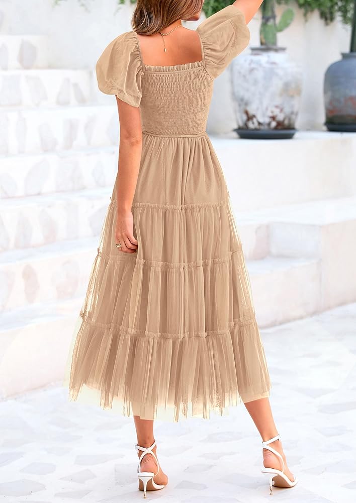 PRETTYGARDEN Women's Smocked Midi Tulle Dress 2026 Summer Puffy