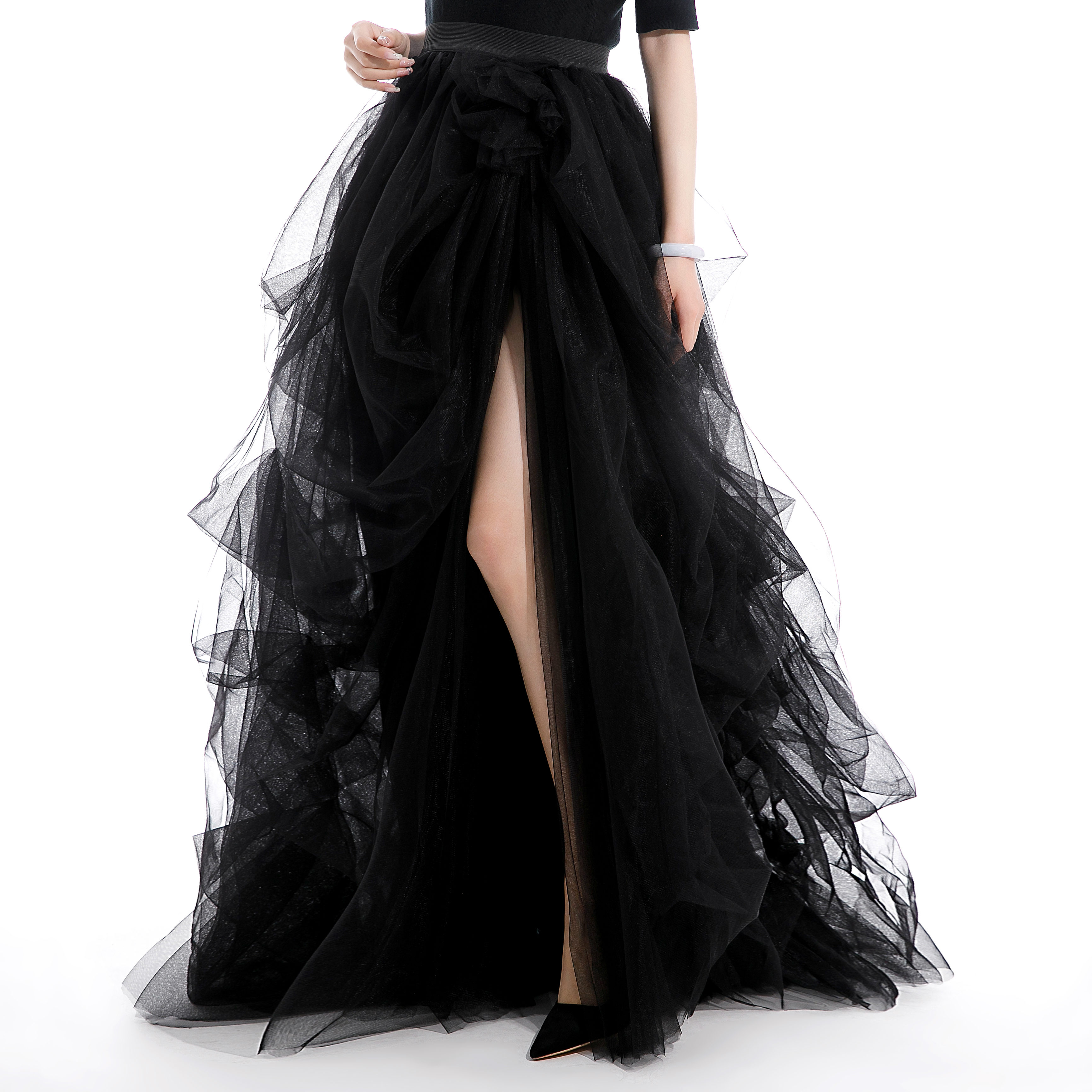 Qmker Women's Long Tutu Tulle Skirt A Line Floor Length Black