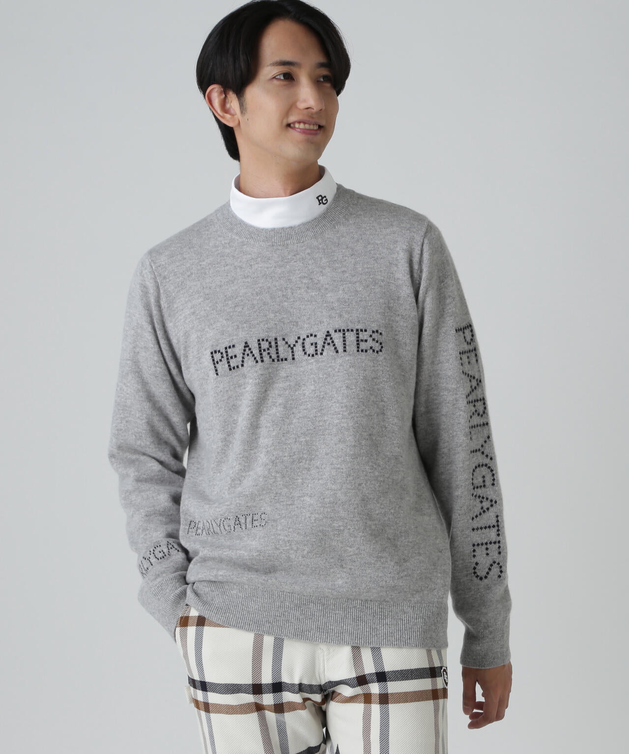 12G部分ジャガードカシミヤ100クルーネックニットプルオーバー