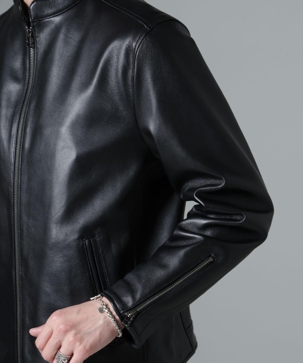 バンドカラーレザーシングルライダースジャケット | NANO universe