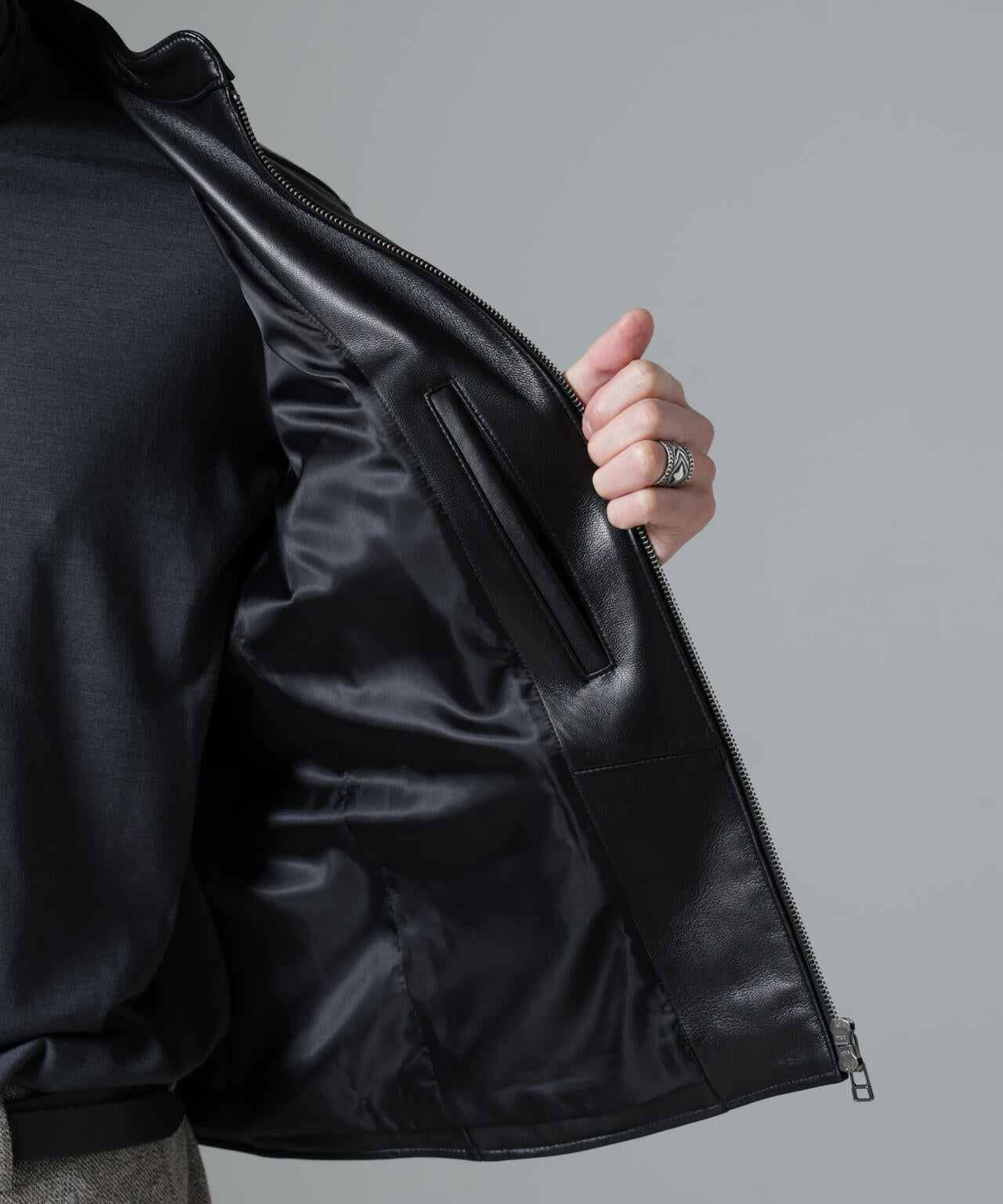 バンドカラーレザーシングルライダースジャケット | NANO universe