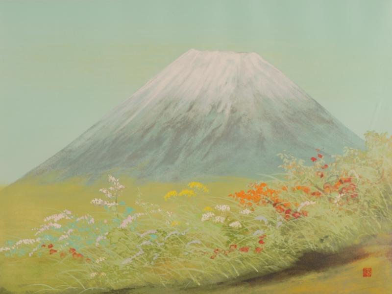 富士山の絵をリトグラフの版画で制作した岡信孝の富士山の絵「秋野富士