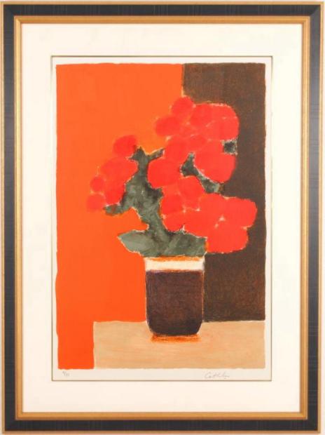 ベルナール・カトランがリトグラフの版画で制作した花の絵画「赤い背景