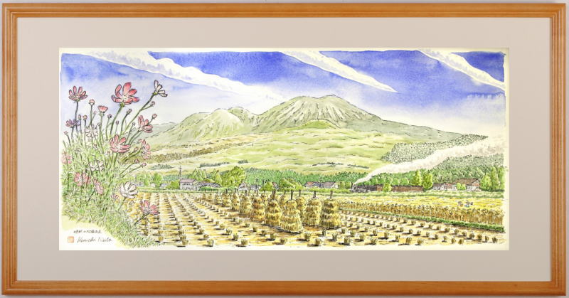 絵画の水彩画で内藤謙一が描いた熊本の絵「晩秋の阿蘇五岳」